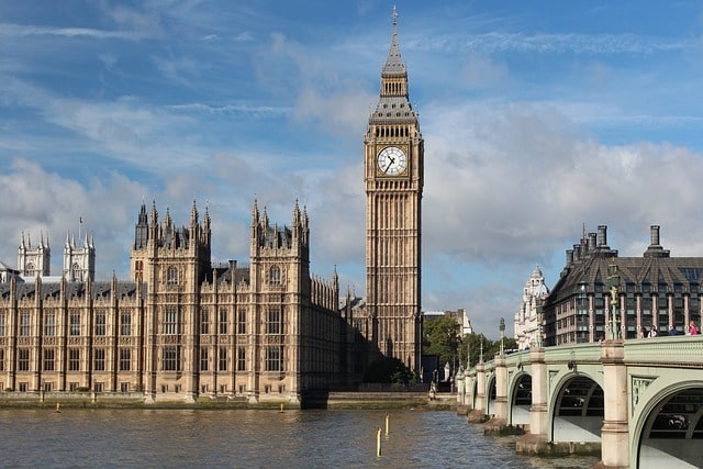 Foto på det ikoniska klocktornet Big Ben i London, bredvid Westminsterpalatset.