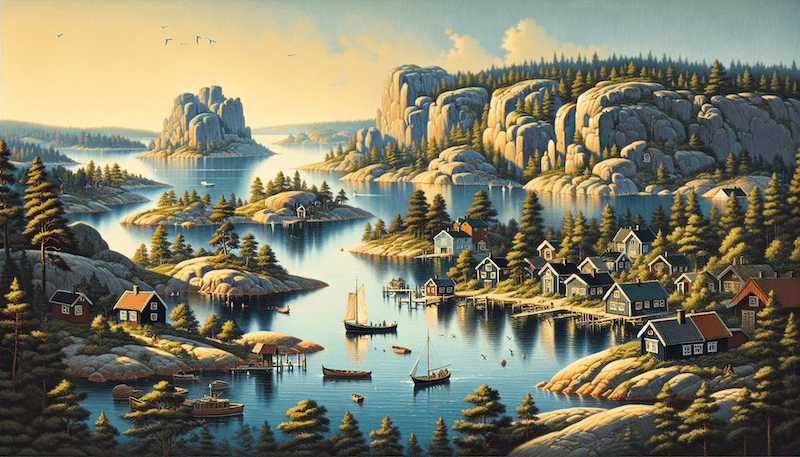 Illustration av en typisk svensk skärgård med sina vackra stugor, skär och öar.